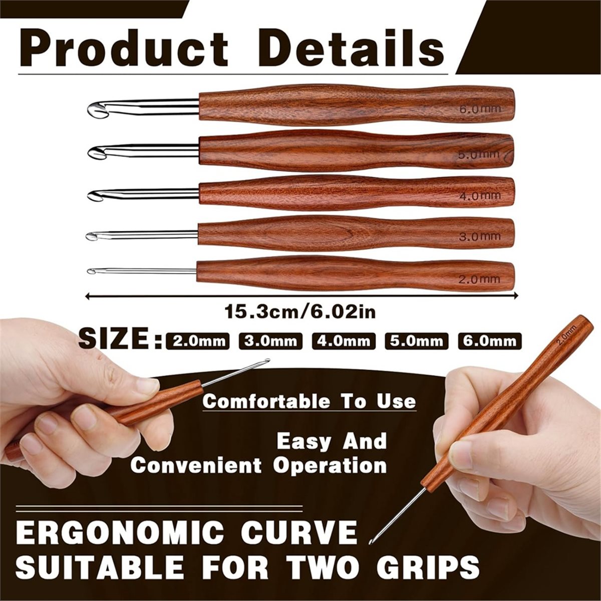 NOCM 5 Pcs Crochet Hook, 5 Siz - Wooden Crochet Hooks Ergonomic Handle ulasan dan harga